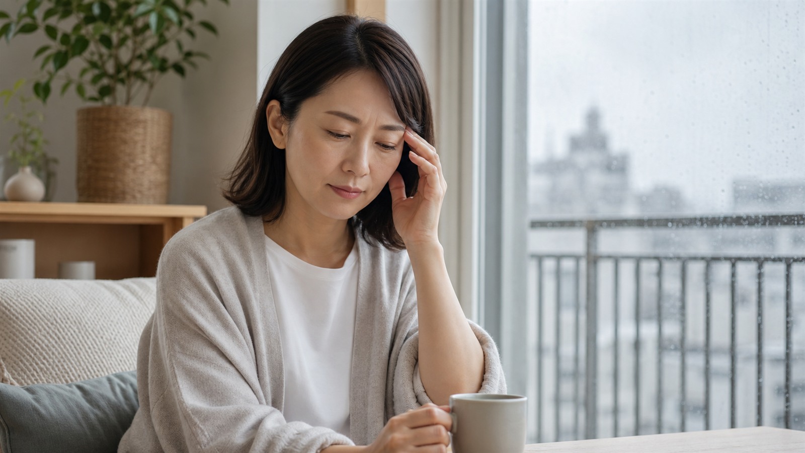 天候が変わる雨の日に窓辺で軽い頭痛に気づく日本人女性