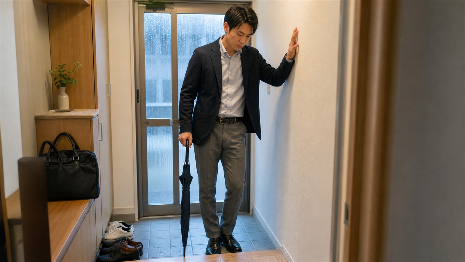雨の日の通勤前に軽い頭痛とふらつきを感じる日本人会社員