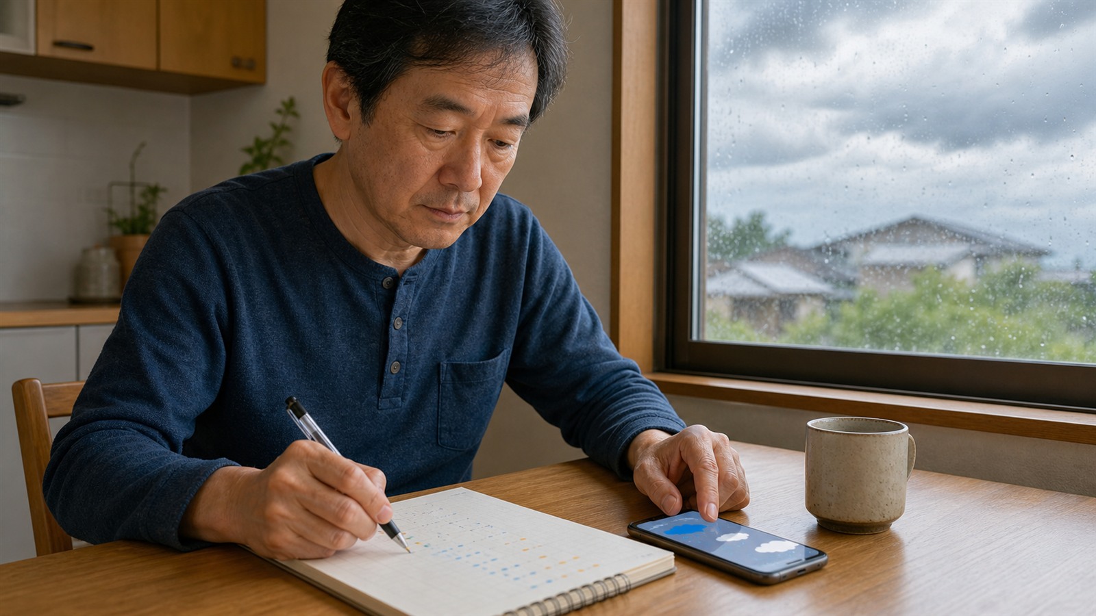 天候と頭痛の変化をスマートフォンと手帳に記録する日本人男性