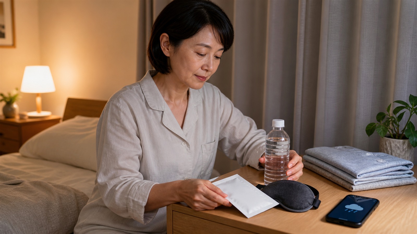 天候変化の予報に合わせて水分と睡眠用品と薬を準備する日本人女性