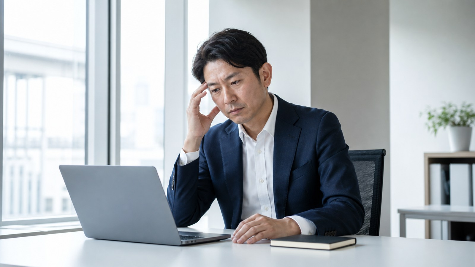 職場のストレスと疲労を抱え、オフィスの机で静かに考え込むスーツ姿の日本人男性会社員