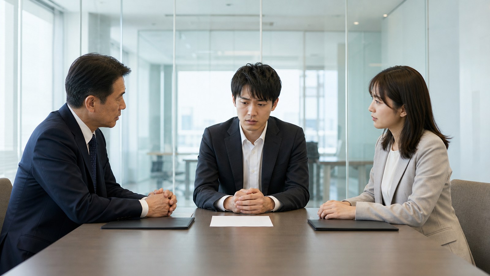職場の会議で上司との緊張したやり取りに不安を感じている日本人会社員