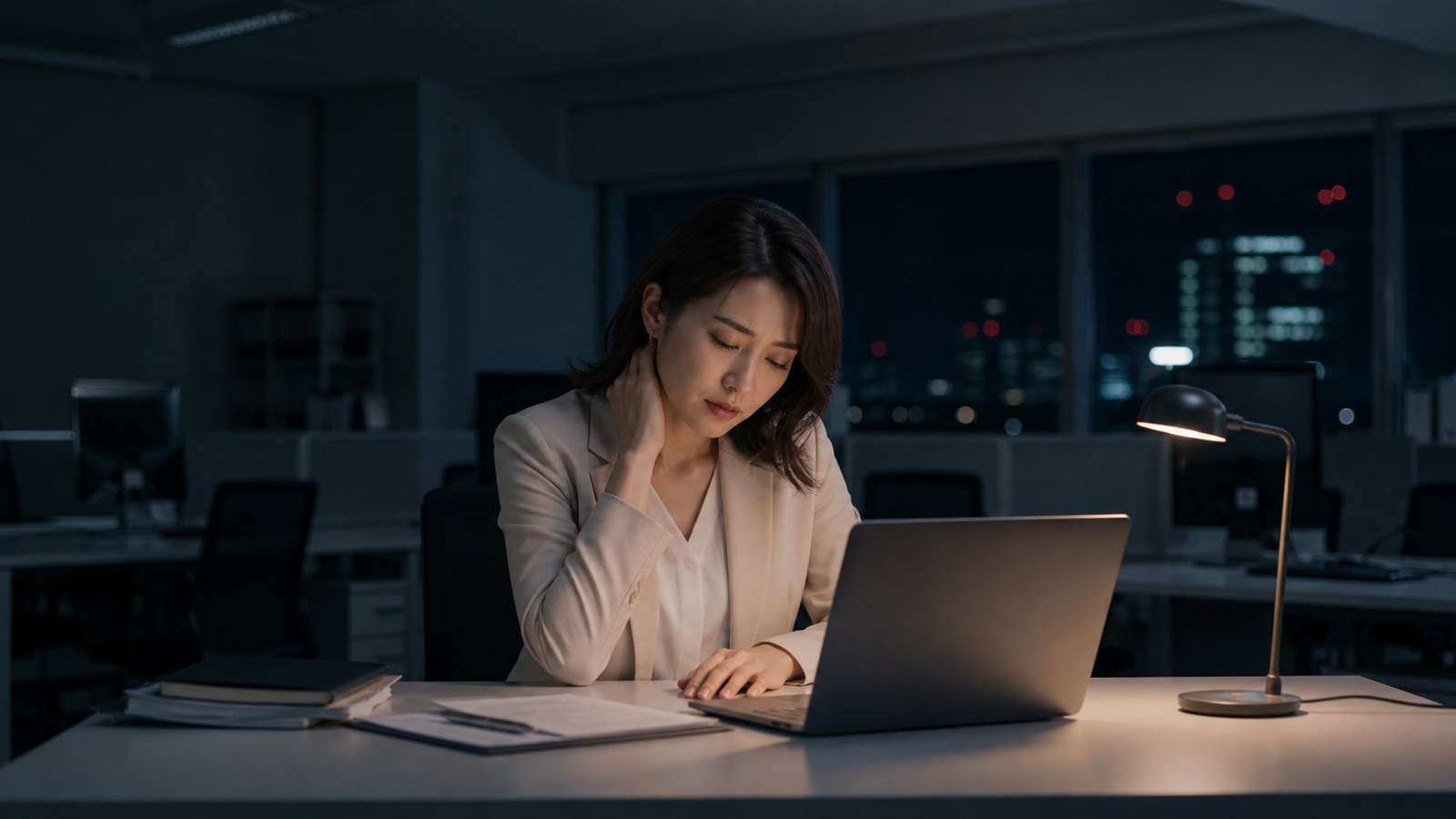 夜遅いオフィスで一人パソコン作業を続け、疲労を感じている日本人女性会社員