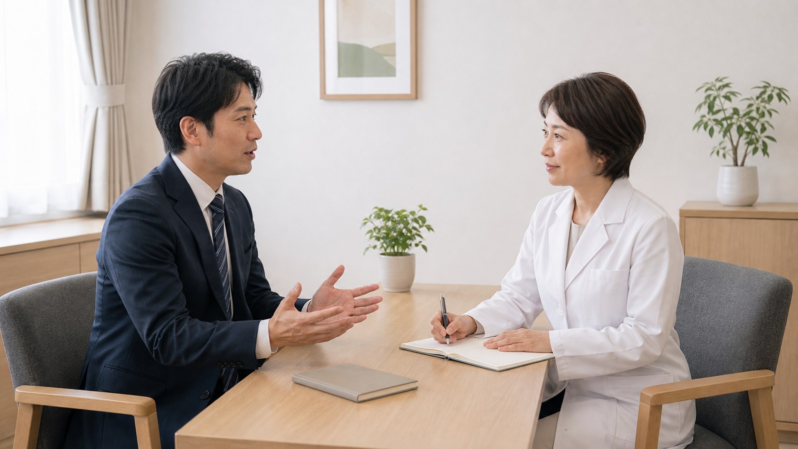 産業医面談で勤務状況と健康上の配慮を相談している日本人男性会社員