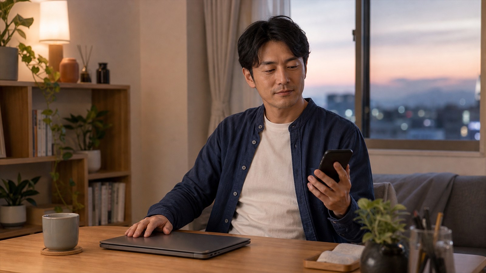 夕方、自宅でパソコンを閉じ、スマートフォンの仕事通知をオフにする会社員