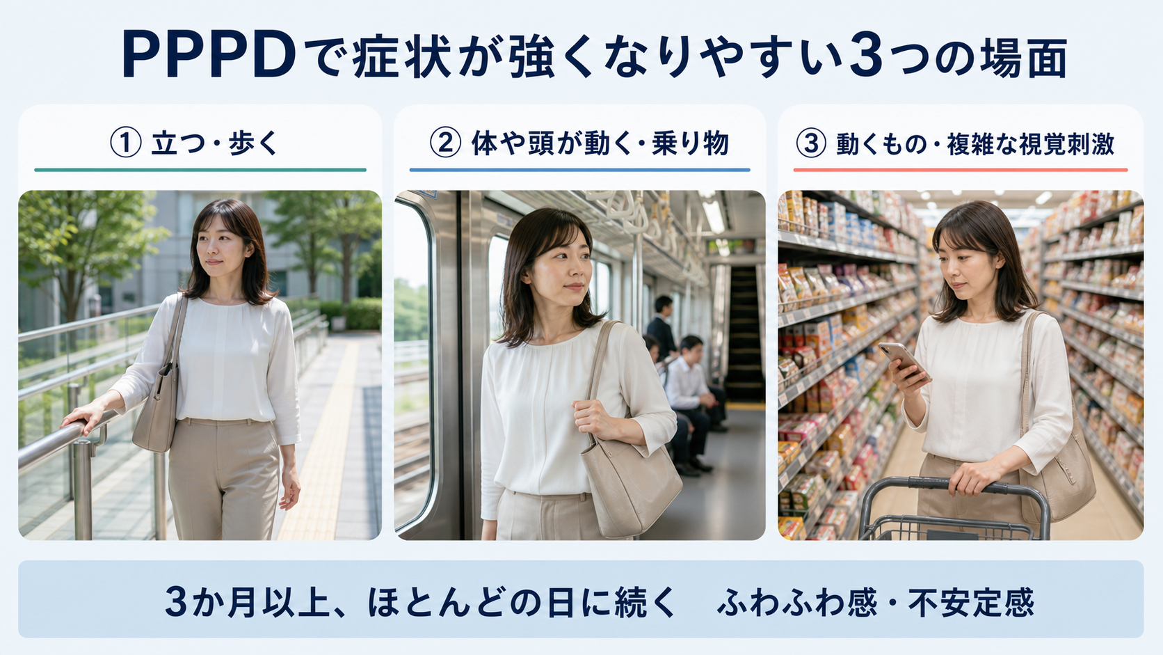 PPPDで症状が強くなりやすい、立つ・歩く場面、体や頭が動く乗り物、動くものや複雑な視覚刺激の3場面を写真で示した図解
