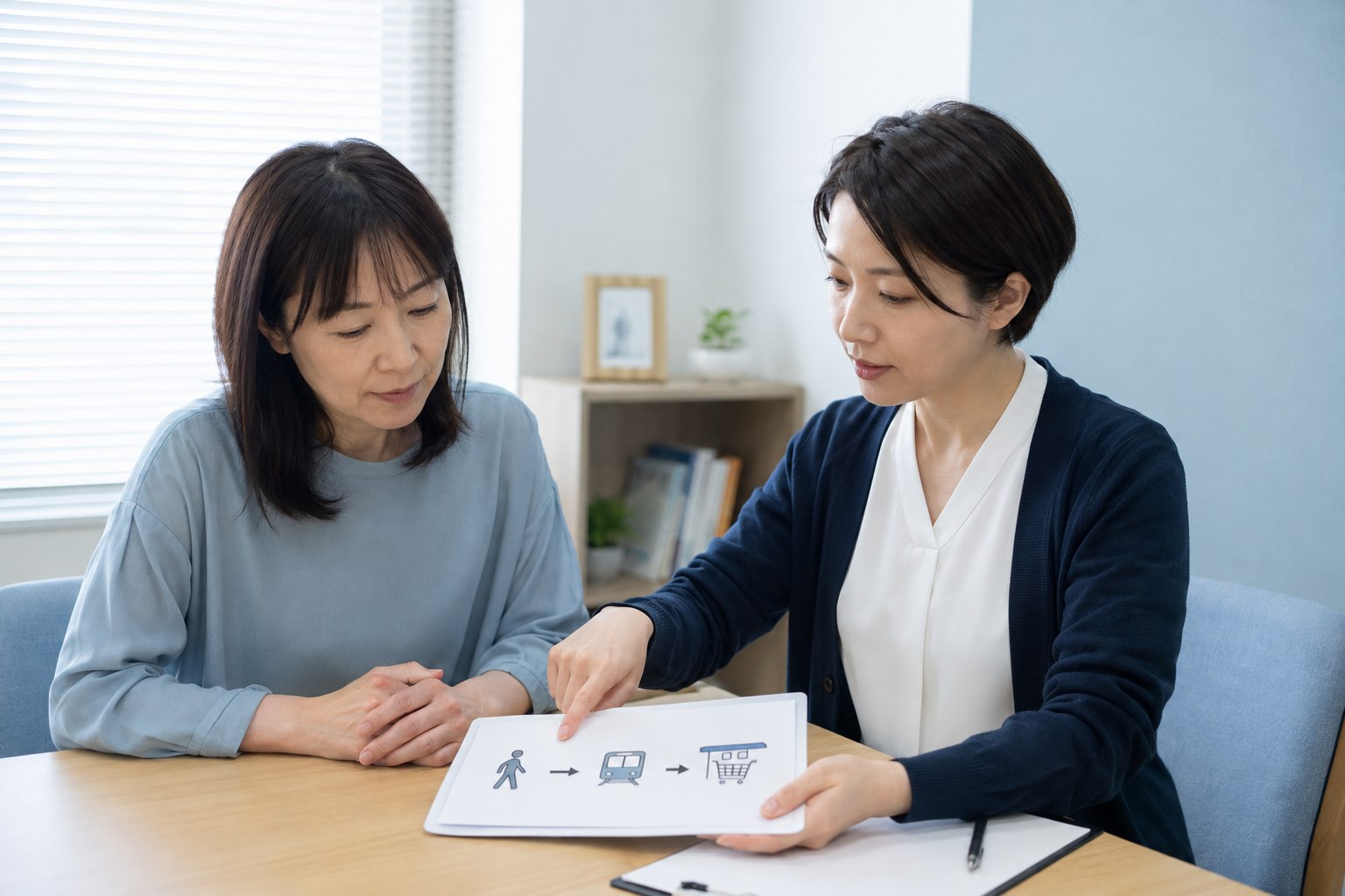 症状と生活場面を整理し段階的な行動計画を相談する認知行動療法のイメージ